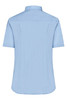 A light blue ladies button-up shirt with short sleeves and a back view. It features a simple design and a logo.