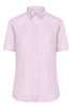 A short-sleeved button-up shirt in a light purple hue, featuring a collar and a front button closure.