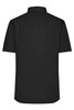 A short-sleeve black button-up shirt featuring a classic collar and a back view. The shirt has a logo.