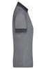 A grey polo shirt with a black collar and sleeve accents, featuring a logo on the side.