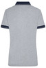 A grey ladies polo shirt with navy accents and a collar. Features a logo on the front.