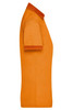 A side view of an orange polo shirt with a contrasting collar and sleeve cuffs. The shirt features a logo.