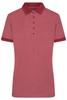 A red heather polo shirt with a contrasting collar and button-up front, featuring a logo.