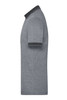 A grey heather polo shirt with a black collar and sleeves, featuring a logo on the chest.
