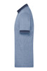 A men's heather polo shirt in blue with a contrasting navy collar and cuffs. Features a logo on the chest.
