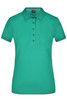 A teal ladies polo shirt with a collar and button-up front, featuring a logo on the chest.
