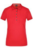 A red ladies polo shirt featuring a collared neckline and button placket, designed with a branded logo.