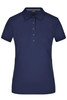 A navy blue ladies' polo shirt featuring a collar and a button placket, with a logo on the chest.