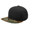 A high-profile structured snapback cap in black with a camo-patterned peak, featuring a logo on the front.