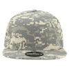A grey and beige camo snapback cap with a high-profile structured design and a logo on the front.