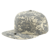 A camo-patterned 6 panel high profile structured snapback cap in shades of grey and cream, featuring a logo.