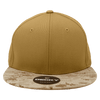 A high-profile structured snapback cap in a tan colour with a camo-patterned brim and a logo on the front.