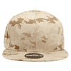 A high-profile structured snapback cap in a camo pattern featuring shades of beige and brown, with a logo on the front.