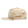 A high-profile structured snapback cap in a camo pattern, featuring shades of beige and tan. It has a logo on the front.