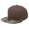 A structured high-profile snapback cap in brown with a camouflage brim and a logo.
