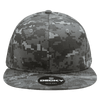 A grey camo snapback cap with a structured high profile and a branded label on the front.