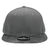 A high-profile structured snapback cap featuring a grey top with a camo-patterned brim and a logo on the front.