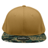 A khaki snapback cap with a structured high profile and a camouflage brim. It includes a logo on the front.