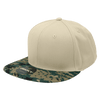 A structured snapback cap featuring a high-profile design with a camo-patterned peak and a solid beige crown.