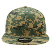 A camo snapback cap featuring a high-profile structured design in green and tan colours, with a logo on the front.