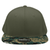 A high-profile structured snapback cap in olive green with a camo-patterned peak and a logo.