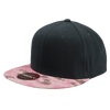 A camo snapback cap featuring a high-profile design with a dark body and a pink camo patterned brim.
