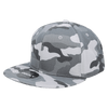 A grey and white camo snapback cap with a structured high-profile design and a logo on the front.