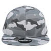 A grey camo snapback cap with a structured high profile and a logo on the front.