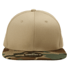 A high profile structured snapback cap featuring a beige front and a camo print brim. Includes a logo.