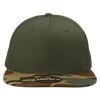 A high profile structured snapback cap featuring an olive green body and a camo-patterned brim. Includes a logo.