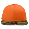 A camo snapback cap featuring an orange high-profile structured crown and a camouflage-brimmed underside.