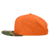 A snapback cap featuring a bright orange crown and a camo brim. It has a structured high profile and a logo.