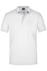 A white men's polo shirt with a soft fabric, featuring a collar and three-button placket, includes a logo.