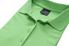 A green polo shirt with a collar and buttons, featuring a label inside and a smooth finish.