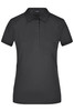 A ladies' black elastic polo pique shirt featuring a classic collar and button placket, with a logo present.