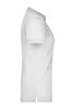 A white ladies' elastic polo pique shirt displayed from the side, featuring a collar and short sleeves.