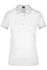 A white ladies' polo shirt with a collared neckline and short sleeves, featuring a button placket and a logo.