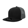 A black structured trucker cap with a mesh rear and a circular logo on the front.