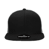 A black high-profile structured trucker cap with a grey mesh back and a logo on the front.