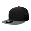 A black high-profile structured trucker cap with a grey brim and a logo on the front. The back features mesh detailing.