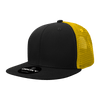 A black high profile structured trucker cap with a yellow mesh back and a logo on the front.