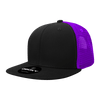 A high-profile structured trucker cap in black with a purple mesh back and a logo on the front.