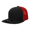 A black and red 6-panel high profile structured trucker cap with a logo on the front.