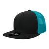 A black trucker hat with a structured high profile and a turquoise mesh back, featuring a logo on the front.