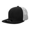 A black high-profile structured trucker cap with a white mesh back and a branded sticker on the front.