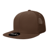 A brown high-profile structured trucker cap with a mesh back and a logo on the front.