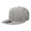 A grey structured trucker cap with a mesh back and a flat brim, featuring a logo on the front.