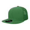 A green 6 Panel High Profile Structured Trucker cap with a mesh back and a logo patch on the front.