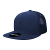 A navy blue 6 panel high profile structured trucker hat with a mesh back and a circular logo.