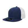 A navy blue and white 6 panel high profile structured trucker cap with a logo on the front.